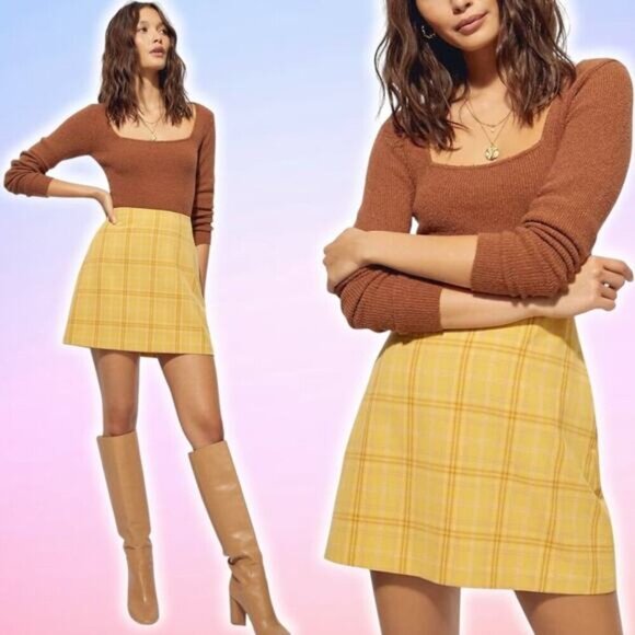 WILFRED Aritzia Renee Plaid Mini Skirt Sz 00 Yellow - Picture 1 of 7